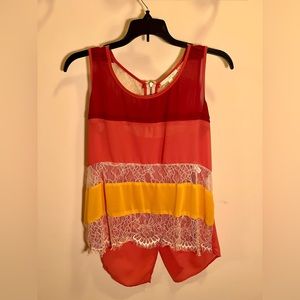 Pink & gold sheer tank top with lace accent